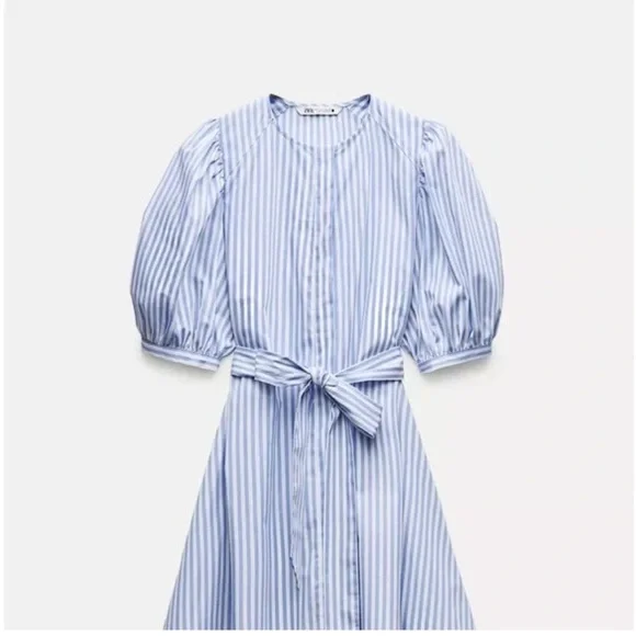 Zara ZW Collection Blue Striped Poplin Mini Dress Puff Sleeve Cotton XL NWT - Picture 3 of 9
